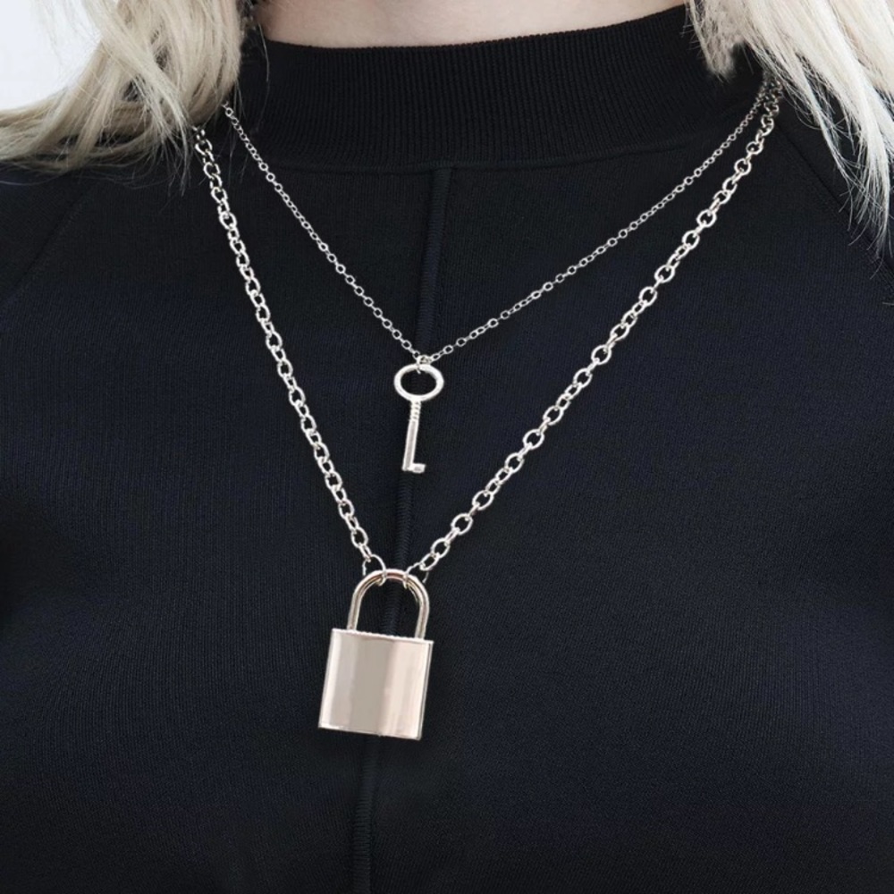 Silver Tone Lock Key Chunky Necklace